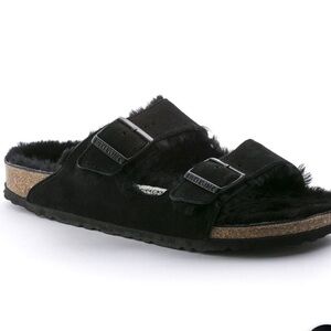 Birkenstock Arizona Fur Shearling Black Suede Sandals
